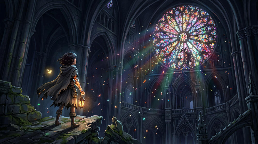 Lumen Fall key art: a lone light in a cathedral of ash and stained glass